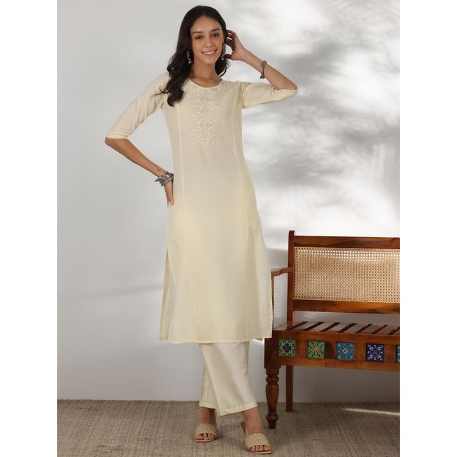 Libas Women's Yoke Design Cotton Straight Kurta | 37221 37221 | Off White - M