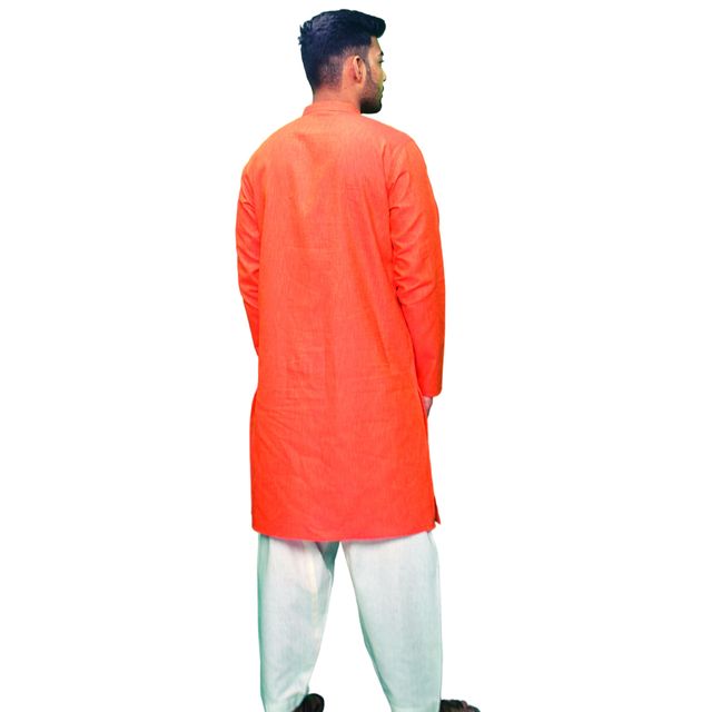 EQL Men's Cotton Linen Button Placket Long Kurta for Men | Red - L