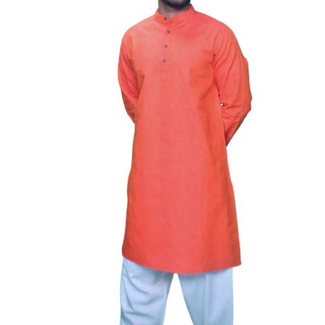 EQL Men's Cotton Linen Button Placket Long Kurta for Men | Red - L