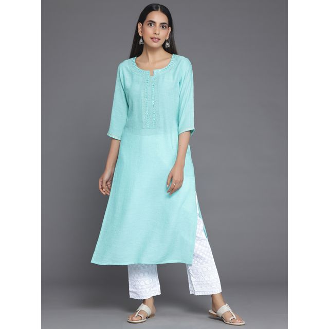 Libas Women's Blue Yoke Design Cotton Straight Kurta | 26815 - S
