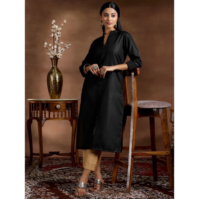 Libas Women's Solid Cotton Blend Straight Kurta | 29271 29271 | Black - M