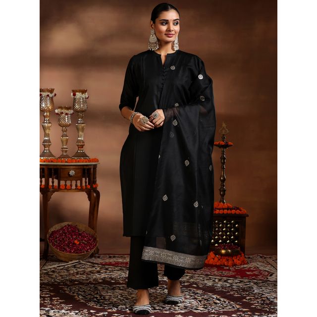 Libas Women's Solid Cotton Blend Straight Kurta with Trousers & Dupatta | 39042 39042 | Black - S