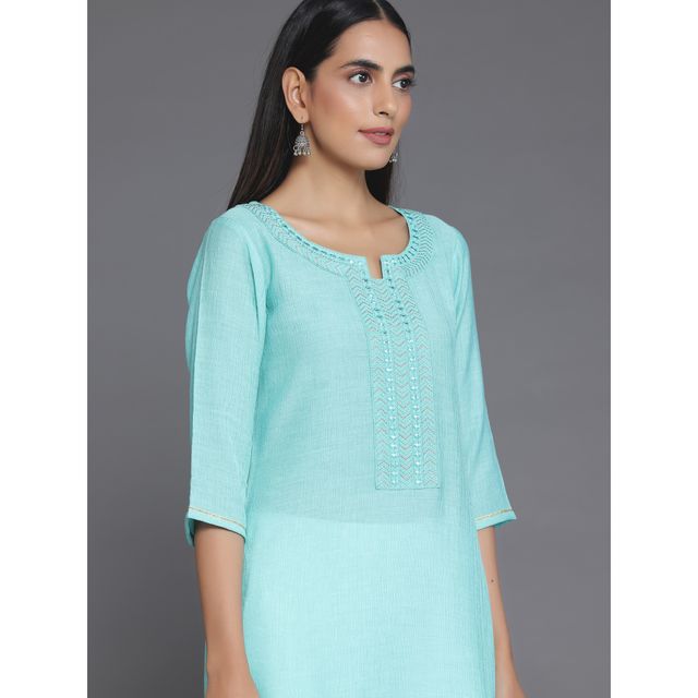 Libas Women's Blue Yoke Design Cotton Straight Kurta | 26815 - S