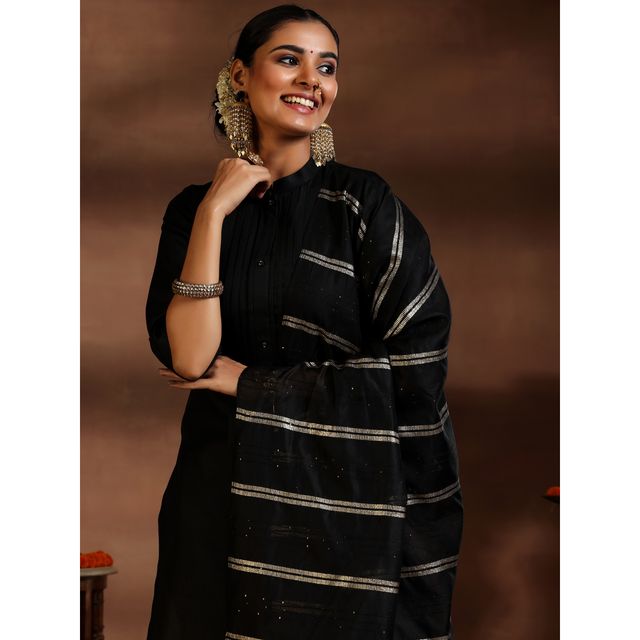 Libas Women's Solid Cotton Blend Straight Kurta with Trousers & Dupatta | 39047 39047 | Black - M