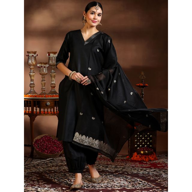 Libas Women's Solid Cotton Blend Straight Kurta with Salwar & Dupatta | 39052 39052 | Black - XL