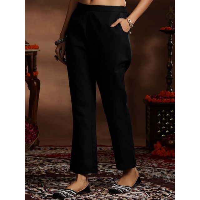Libas Women's Solid Cotton Blend Straight Kurta with Trousers & Dupatta | 39047 39047 | Black - M