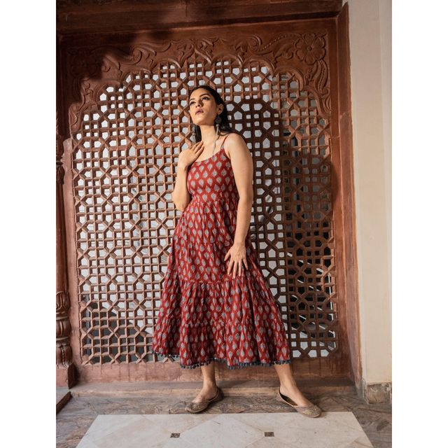 Divena Women s Maroon Buti Printed Shoulder Strip Long Dress | DK0717 | XL