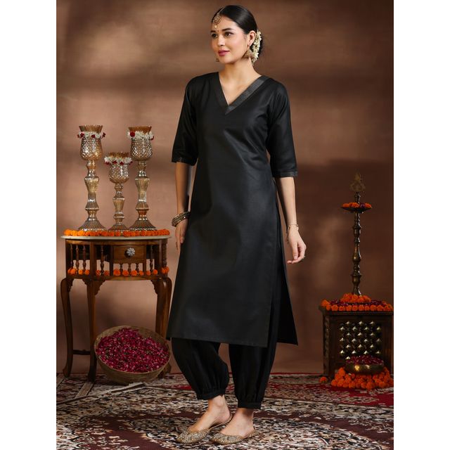 Libas Women's Solid Cotton Blend Straight Kurta with Salwar & Dupatta | 39052 39052 | Black - XL
