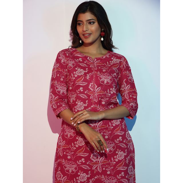 Libas Women's Printed Cotton Straight Kurta with Palazzo & Dupatta | 36751O 36751OM | Pink - M