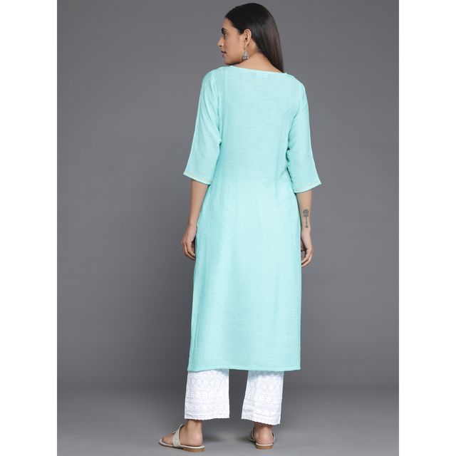Libas Women's Blue Yoke Design Cotton Straight Kurta | 26815 - S