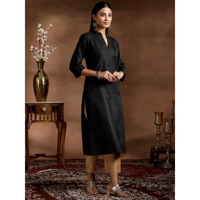 Libas Women's Solid Cotton Blend Straight Kurta | 29271 29271 | Black - M