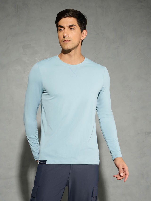 Technosport Men's Poly Solid Slim Fit Round Neck Full Sleeve Sports T-shirt | Smoke Blue - XL