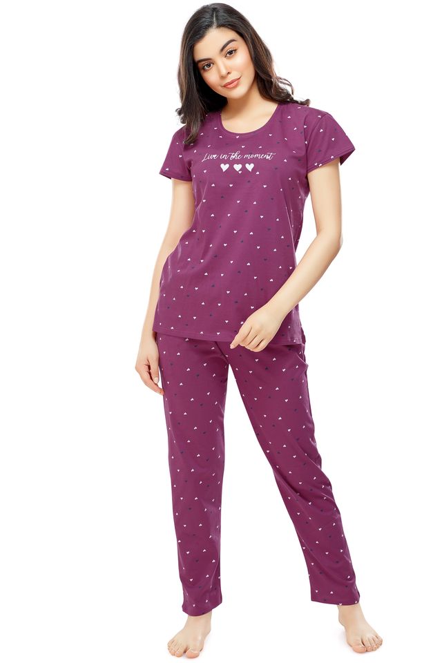 Zeyo Women's Cotton Heart Printed Plum Red Night Suit Set of Top & Pyjama | 5302-XXL