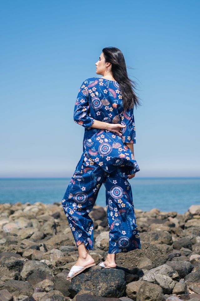 Sanskrutihomes Ethnic Motif Pure Cotton Top & Trouser Co-Ord Set | Navy Blue - L