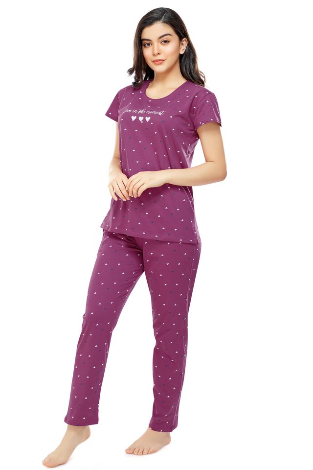 Zeyo Women's Cotton Heart Printed Plum Red Night Suit Set of Top & Pyjama | 5302-XXL
