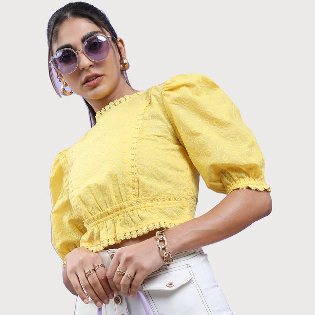 Tokyo Talkies Women's Floral Embroidered Puff Sleeves Crop Top