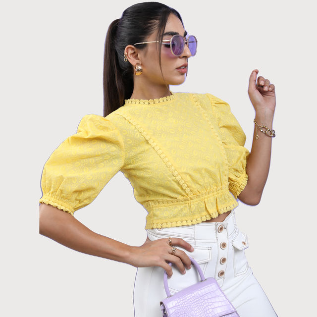 Tokyo Talkies Women's Floral Embroidered Puff Sleeves Crop Top