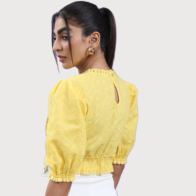 Tokyo Talkies Women's Floral Embroidered Puff Sleeves Crop Top