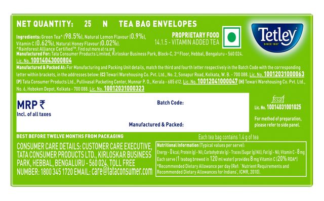 Tetley Lemon and Honey Green Tea