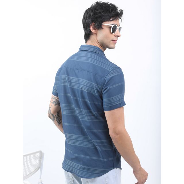 Highlander Slim Fit Horizontal Stripes Striped Casual Shirt | Teal | M