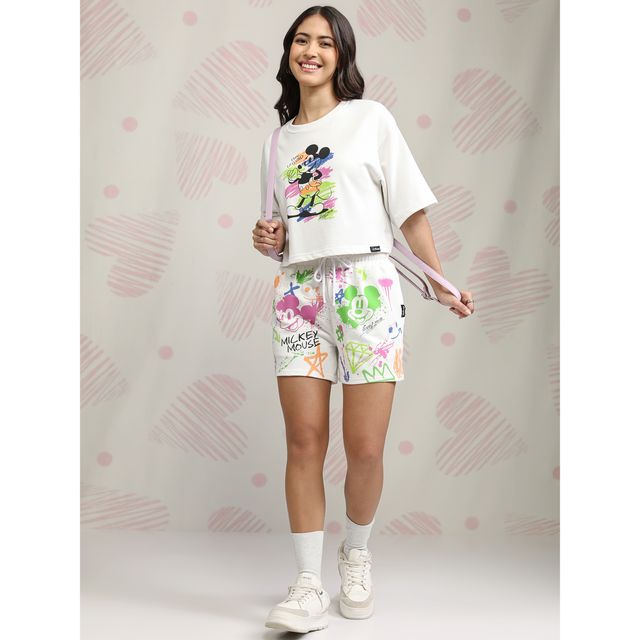 Tokyo Talkies Women's Disney Mickey Mouse Printed T-shirt & Short Set | White - L