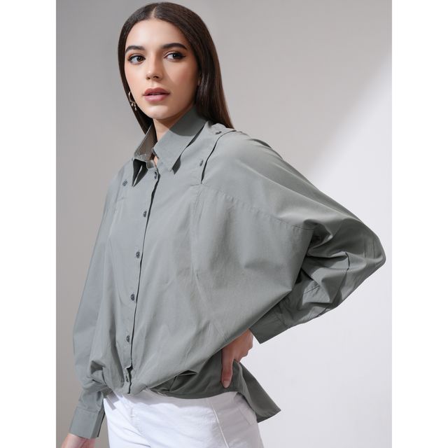 Tokyo Talkies Women's Solid Dropshoulder Oversized Fit Shirt | Grey - M