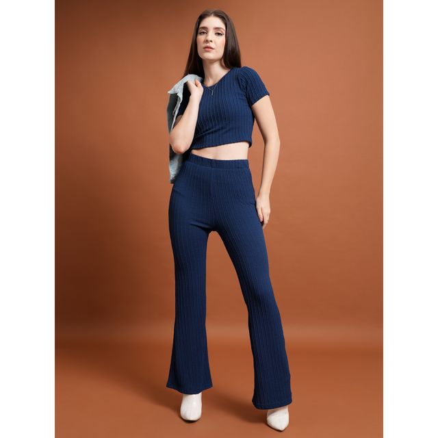 Tokyo Talkies Women's Round Neck Crop Top & Flared Trouser | Navy - M