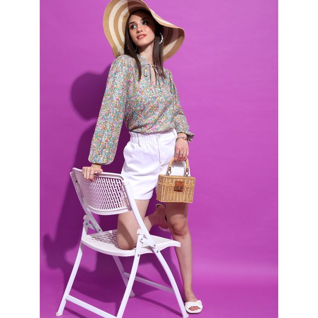 Tokyo Talkies Women's Floral Printed Tie-Up Neck Puff Sleeves Top | Multicolour - M