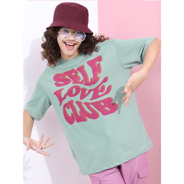 Tokyo Talkies Women's Typography Printed Oversized T-shirt | Green - S