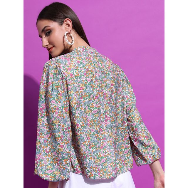 Tokyo Talkies Women's Floral Printed Tie-Up Neck Puff Sleeves Top | Multicolour - M