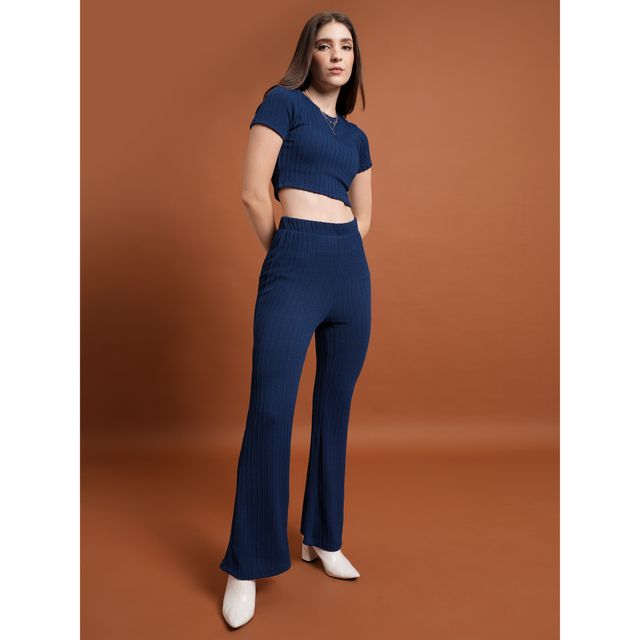Tokyo Talkies Women's Round Neck Crop Top & Flared Trouser | Navy - M