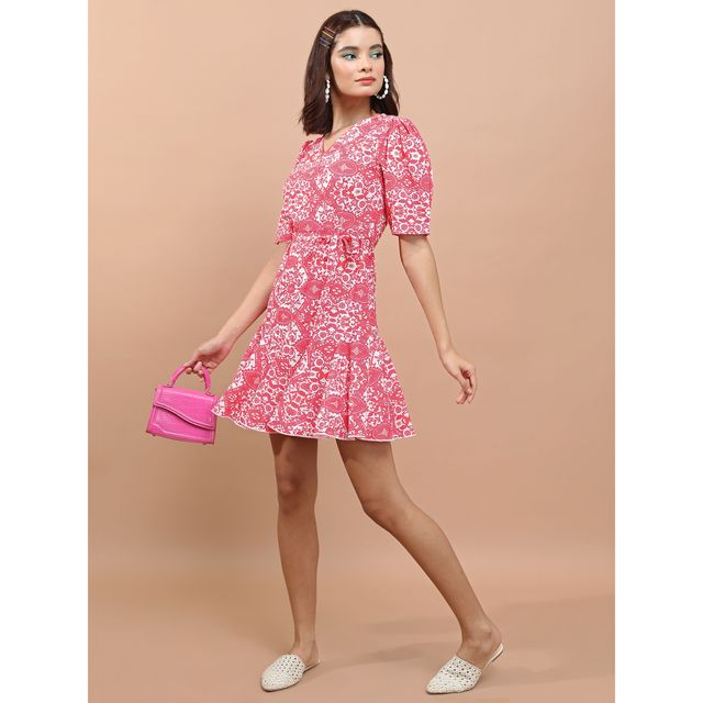 Tokyo Talkies Women's Fuchsia Floral Print A-Line Dress | Pink - M