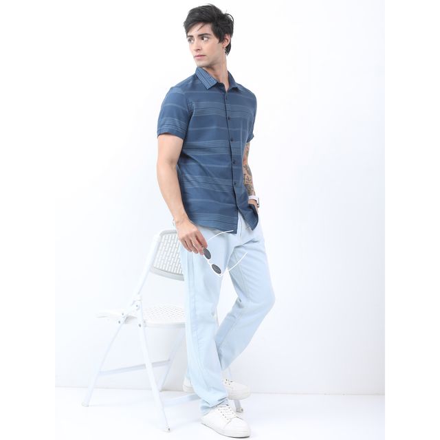 Highlander Slim Fit Horizontal Stripes Striped Casual Shirt | Teal | M