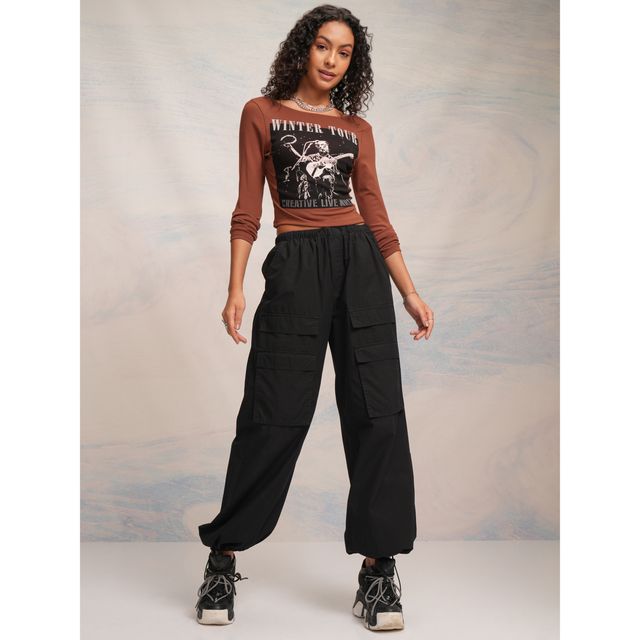Buy Tokyo Talkies Women's Rust Printed Boat Neck Full Sleeve Crop