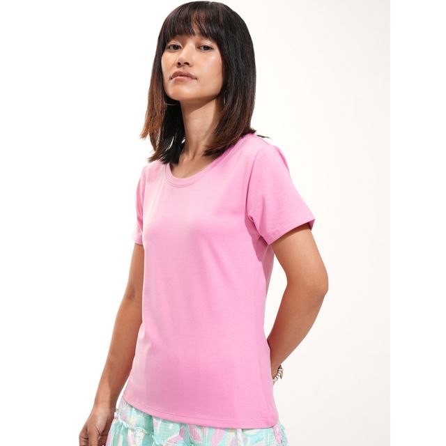 Tokyo Talkies Women's Solid Round Neck Short Sleeve Long T-shirt | Pink - S