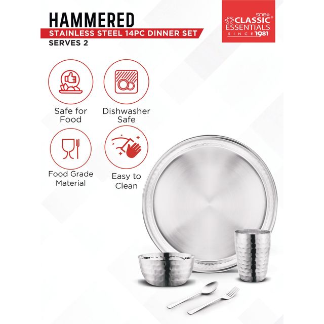 Classic Essentials Heavy Gauge Stainless Steel Hammered Design 14 Pcs Dinner Set Serve for 2
