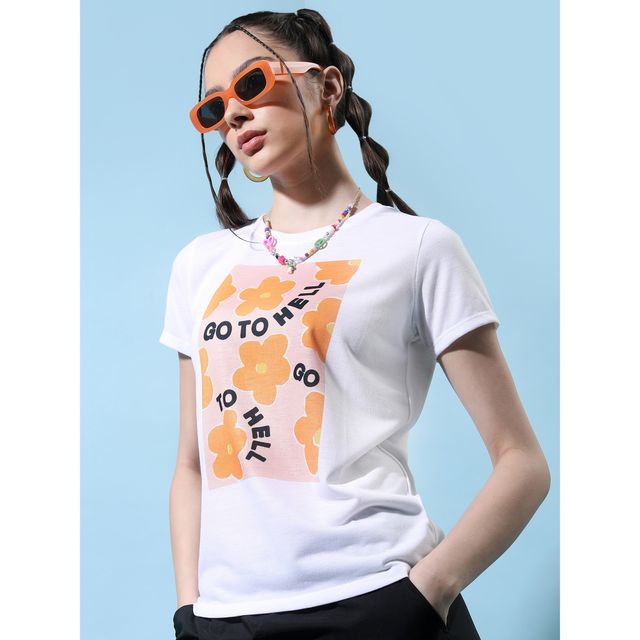 Tokyo Talkies Women's Floral Printed Round Neck T-shirt | White - M