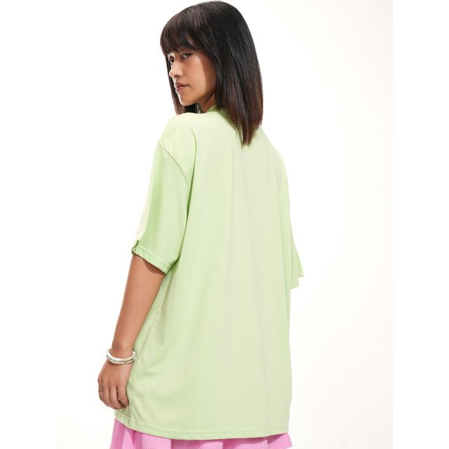 Tokyo Talkies Women's Oversized Drop Shoulder Round Neck T-shirt | Green - S