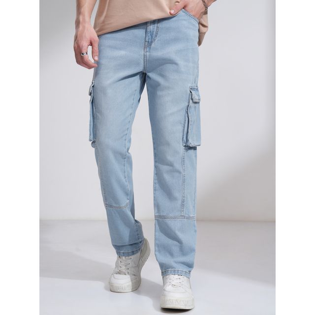 Highlander Men's Blue High Rise Straight Fit Cargo Jeans | Blue - 38