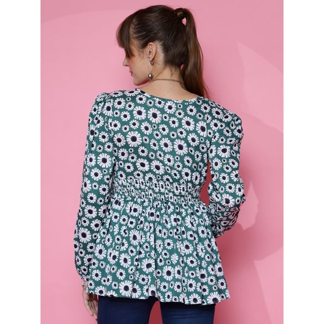Sheetal Women's Puff Sleeves Floral Printed Multicolor Top | 5112 | Turquoise - XL