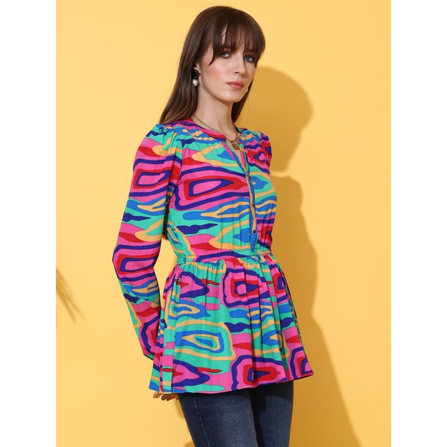 Sheetal Women's Printed Mandarin Collar Crepe Longline Top | 5203 | Multicolor - M