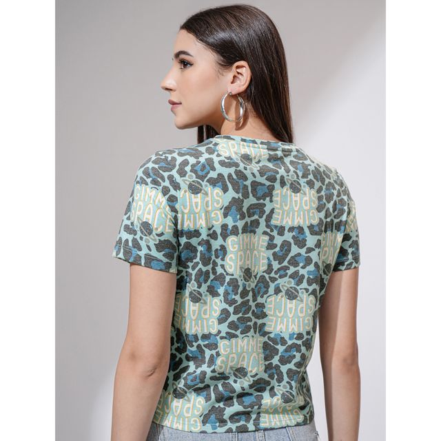Tokyo Talkies Women's Multi Printed Cropped Front Tie Up T-shirt | Teal - S