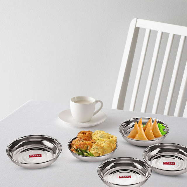Hazel Steel Plate Set, 12 Cm | Multipurpose Stainless Plates, Set Of 6 For Kitchen