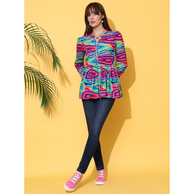 Sheetal Women's Printed Mandarin Collar Crepe Longline Top | 5203 | Multicolor - M