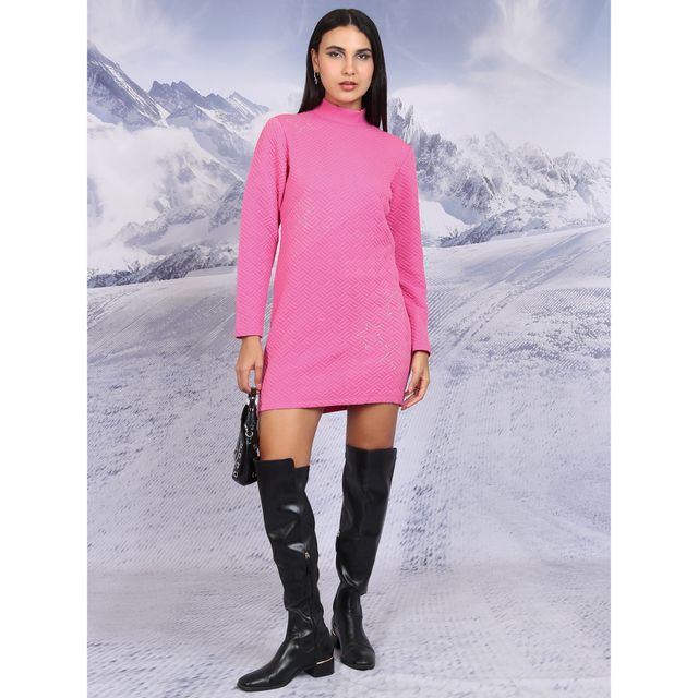 Tokyo Talkies Women's Self Design Embellished Sheath Mini Dress | Pink - L