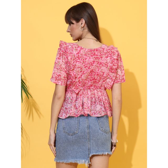 Sheetal Women's Floral Print Peplum Top | 5216 | Pink - XL
