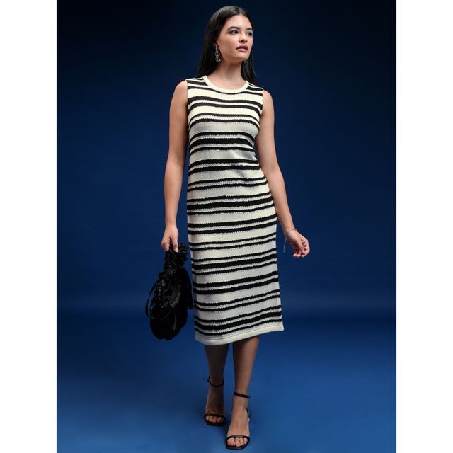 Tokyo Talkies Women's Tofu & Jet Black Sleveless Striped Sheath Sweater Dress | Black - L