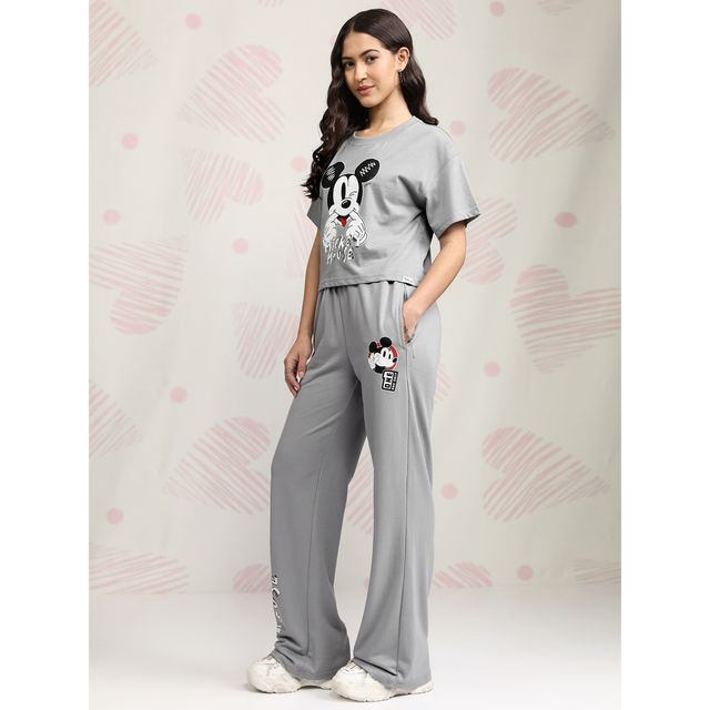Tokyo Talkies Women's Disney Mickey Mouse Printed Sleepwear Co-ord Set | Grey - S