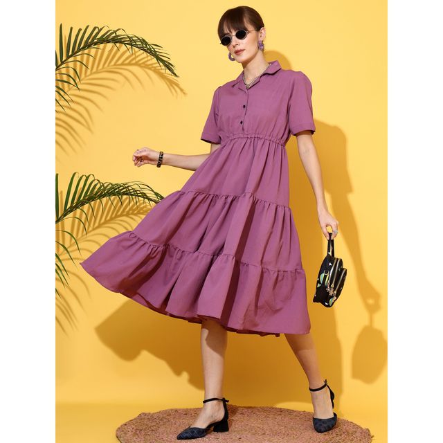 Sheetal Women's Purple Tiered Shirt Midi Dress | 11624 | Purple - S