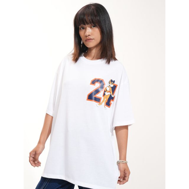 Tokyo Talkies Women's Oversized Drop Shoulder Round Neck T-shirt | White - M